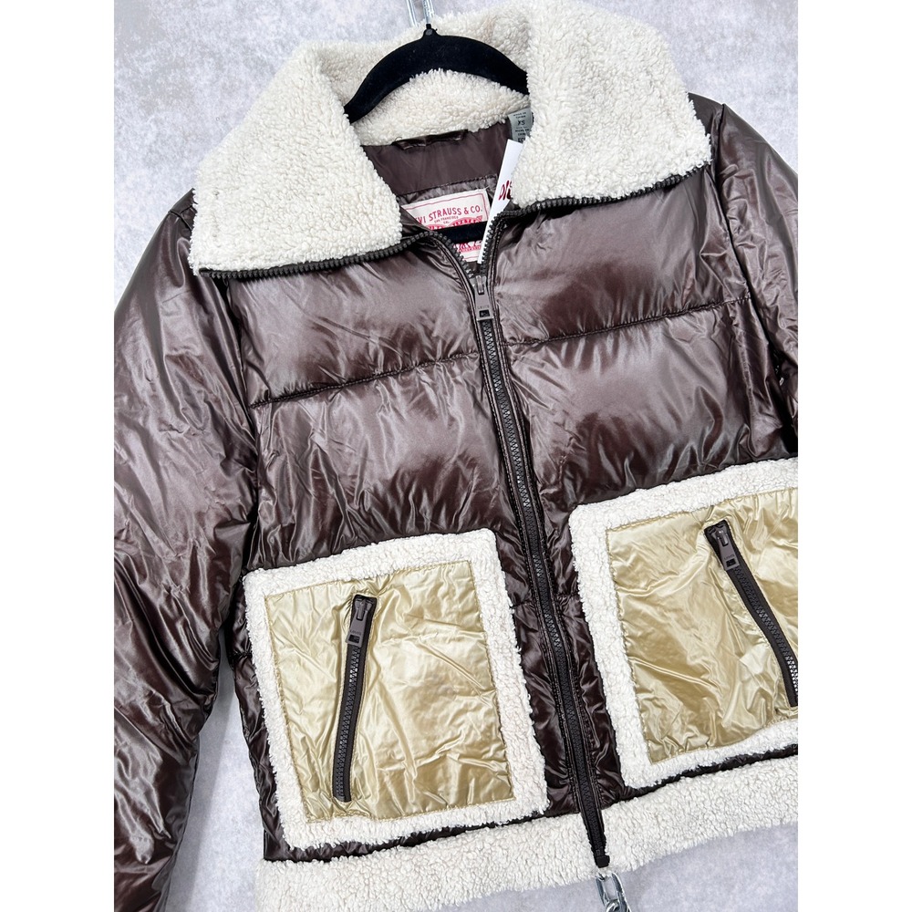 Levis Womens Brown Puffer Jacket Faux Shearling Trim Shiny Quilted Coat XS